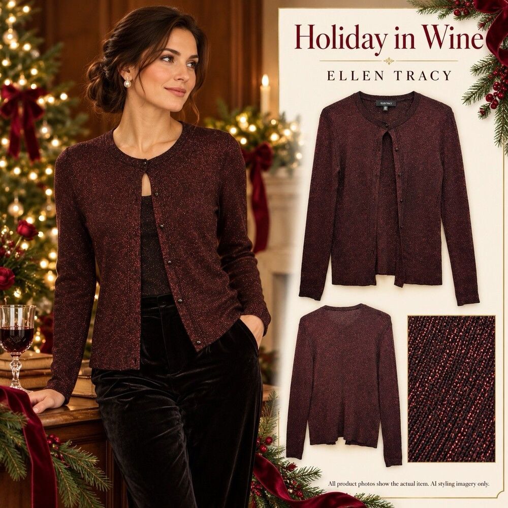 Ellen Tracy Cardigan Womens Wine Red Metallic Shimmer Old Money Holiday Sweater